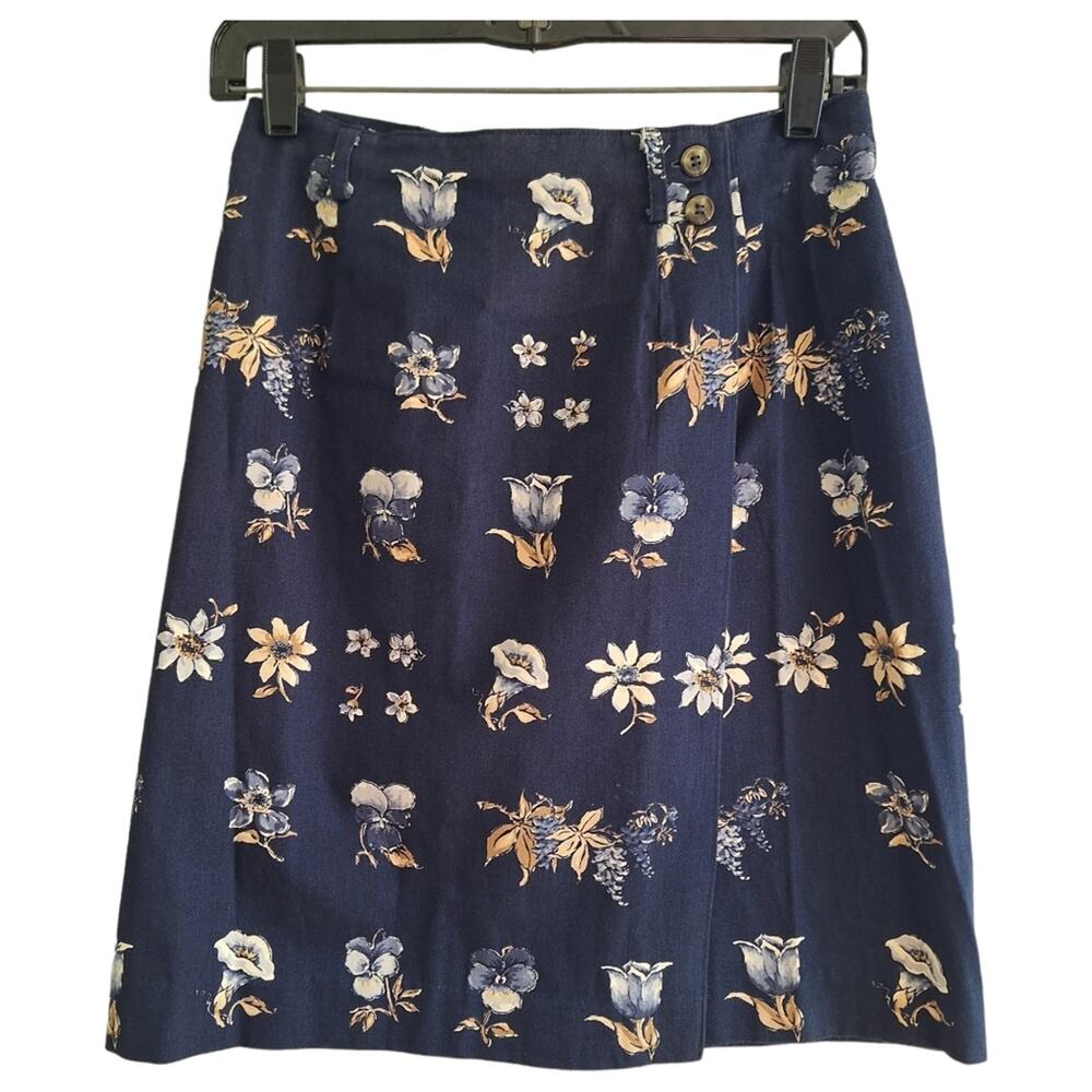 Talbots 100% Cotton Navy Blue & Yellow Floral Mini Wrap Skirt 4